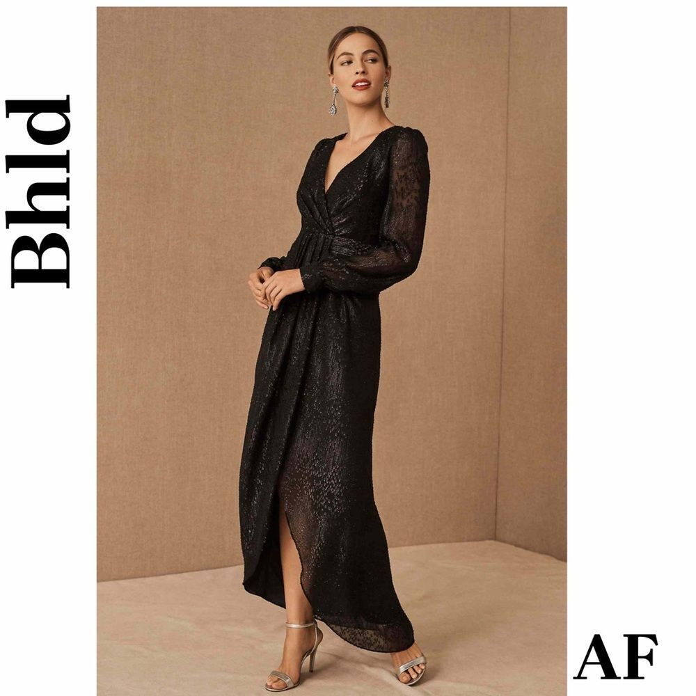 BHLDN Nika Black Long Sleeve Gown Size 2 New